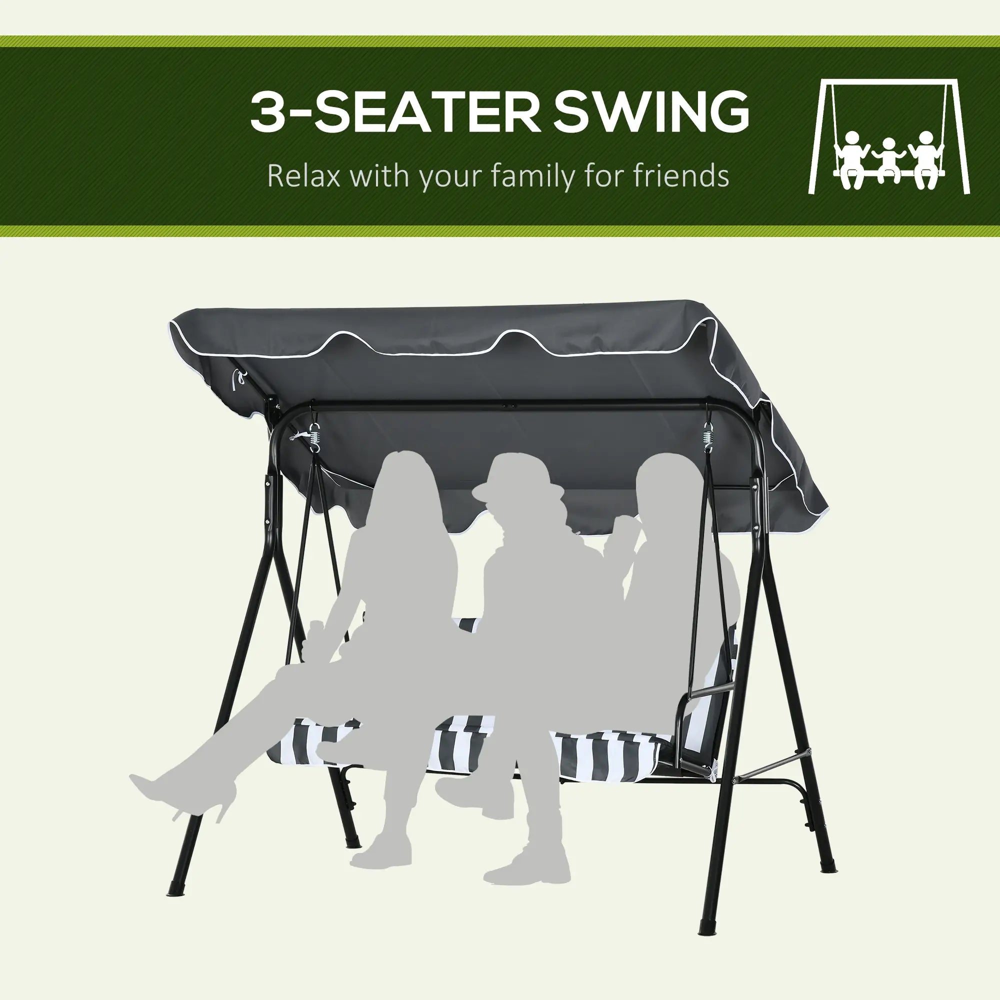 3-Seater Outdoor Porch Swing, Adjustable Canopy, White, Grey Patio Swings with Stand at Gallery Canada