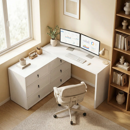 L Shaped Computer Desk, 6 Drawers, White Wood Grain, White Computer Desks White Wood Grain at Gallery Canada