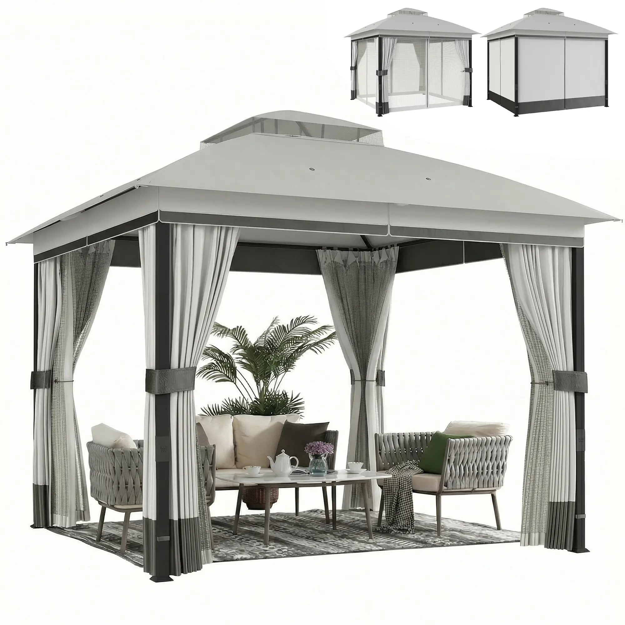 10' x 10' Light Grey Patio Gazebo, UPF50+ Double Roof With Netting, Light Grey Gazebos at Gallery Canada
