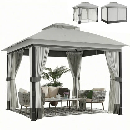 10' x 10' Light Grey Patio Gazebo, UPF50+ Double Roof With Netting, Light Grey Gazebos at Gallery Canada