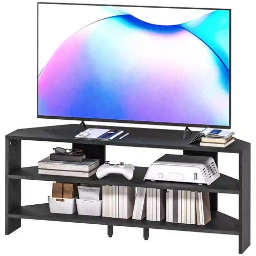 Corner TV Stand, 47 Inch, Modern Table With 2 Shelves, Black