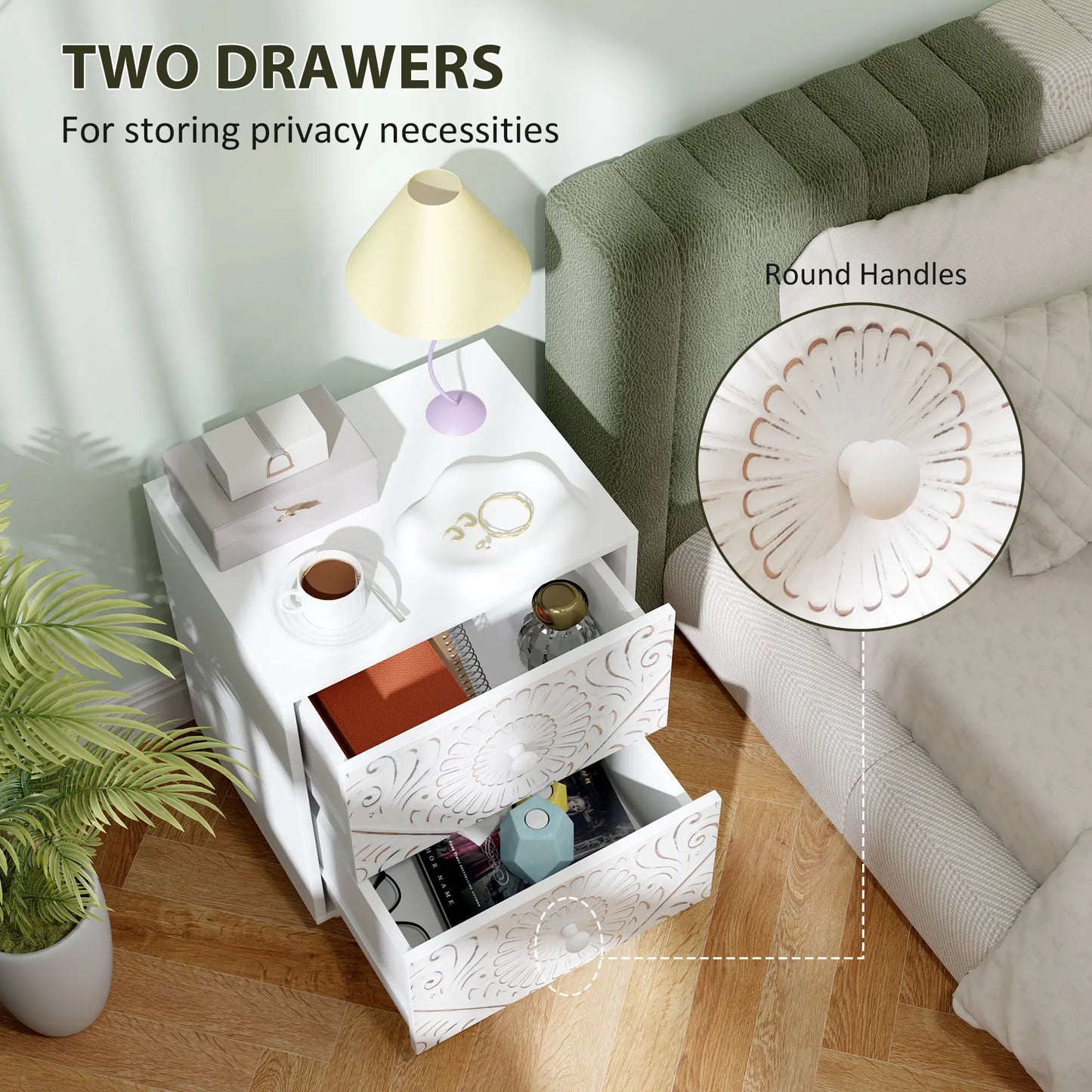 Mid-Century Bedside Table, Nightstand with 2 Drawers, White Bedside Tables at Gallery Canada