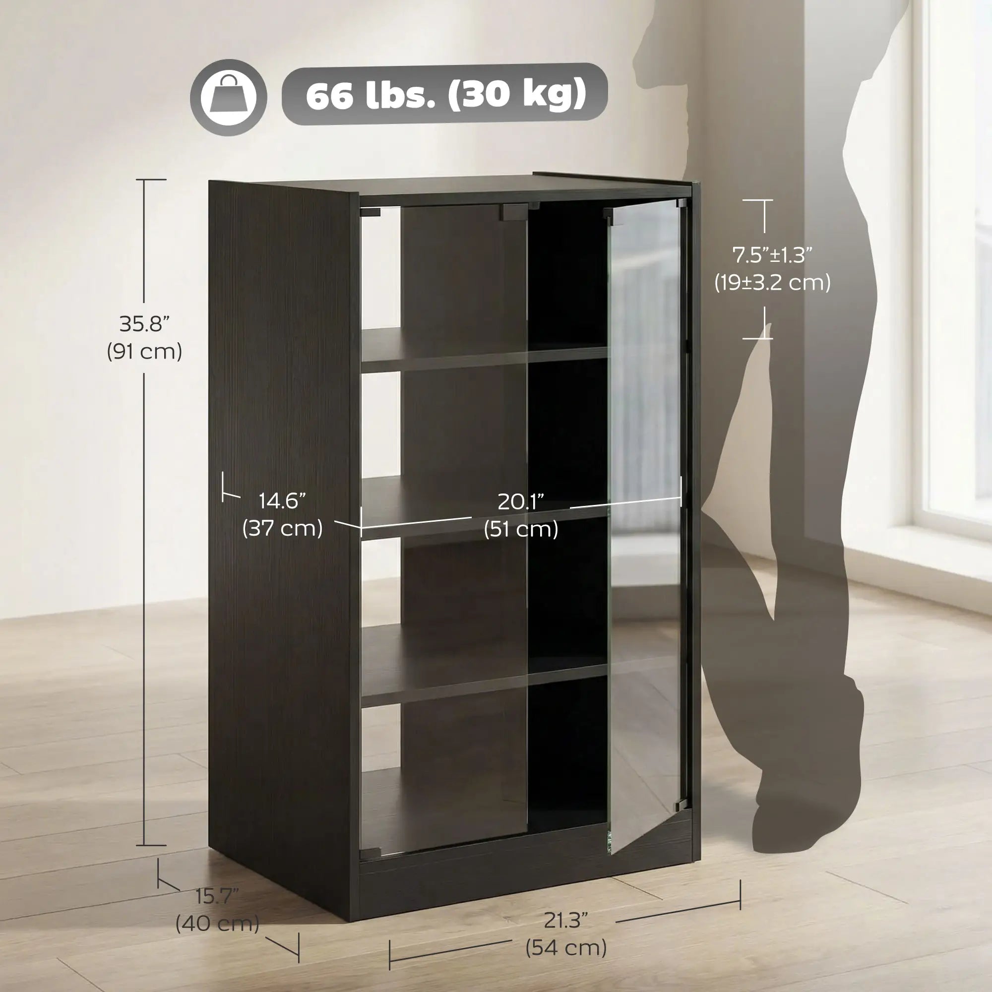 5-Tier AV Media Stand, Push Open Glass Doors, Adjustable Shelves, Distressed, Black Storage Cabinets at Gallery Canada