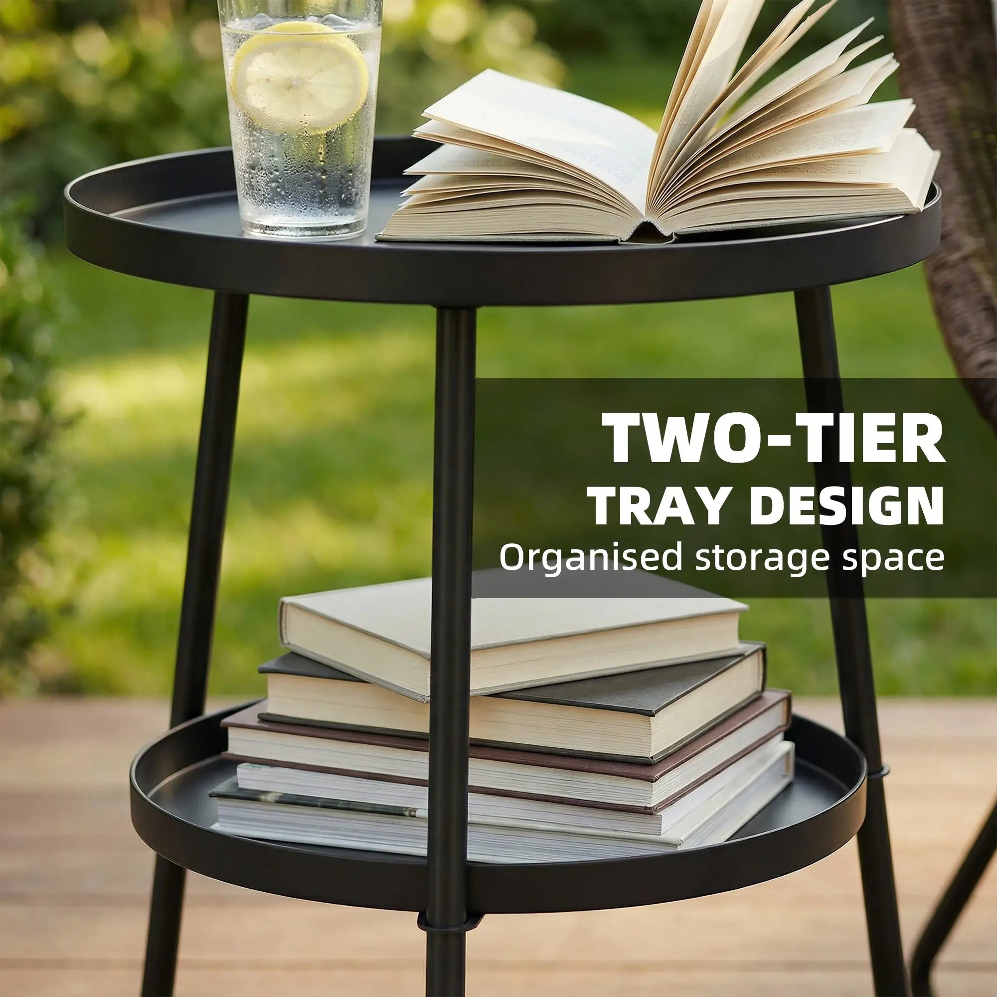 Metal Patio Side Table, 2-Tier Round End Table, Black Patio Side Tables at Gallery Canada