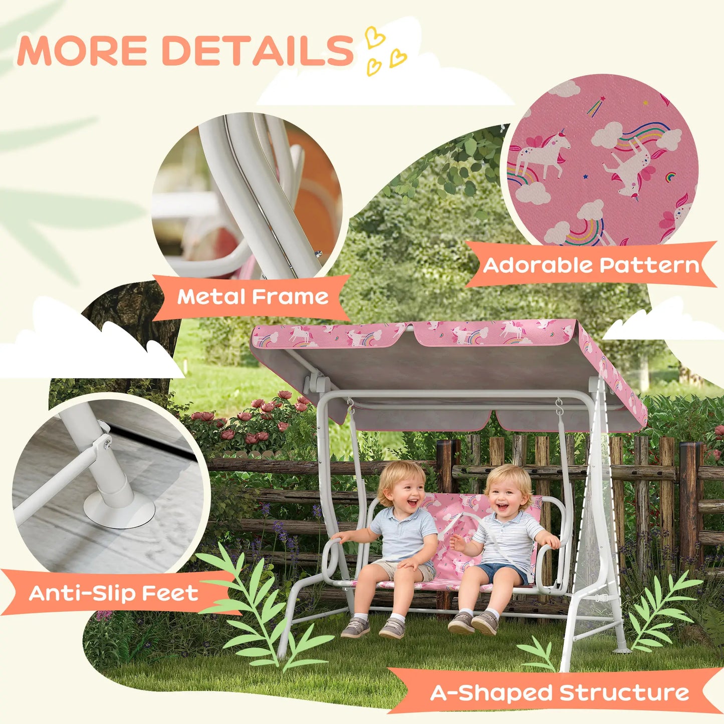 Kids Porch Swing, 2-Seater Bench With Safety Belts, Adjustable Canopy, Pink Gym Sets & Swings at Gallery Canada