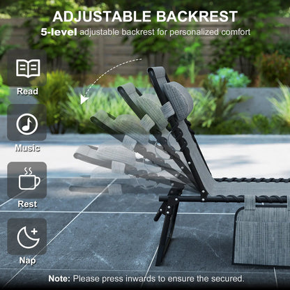 Outdoor Folding Chaise Lounge, Adjustable Backrest, Removable Pillow, Mixed Grey, Grey