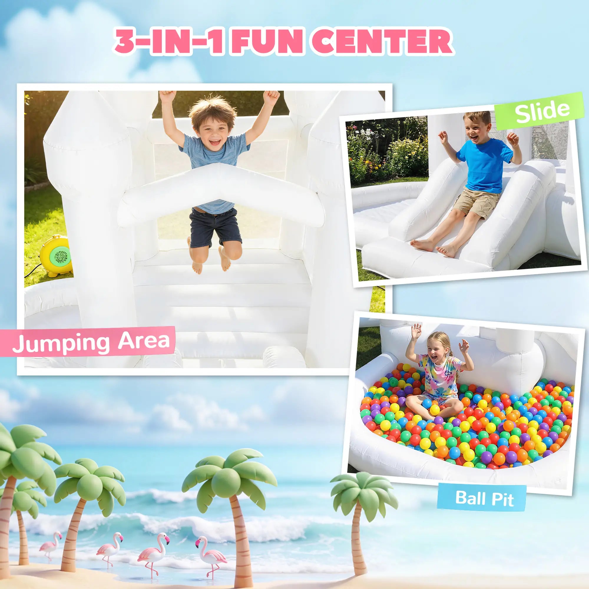 Inflatable Bouncy Castle, 3-in-1 Bounce House with Slide, Ball Pit, 370W Blower, White Inflatables at Gallery Canada