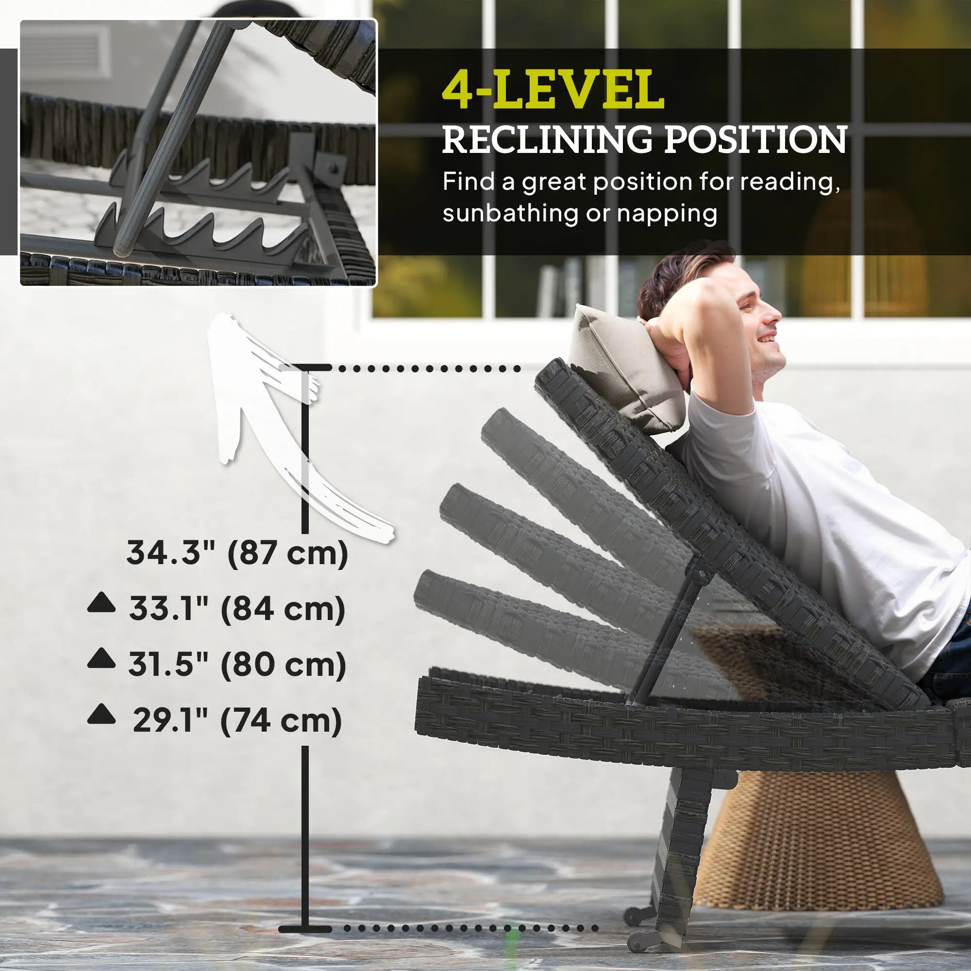 Folding Wicker Outdoor Chaise Lounge, 4-Level Adjustable Backrest, Black Wicker Chaise Loungers at Gallery Canada