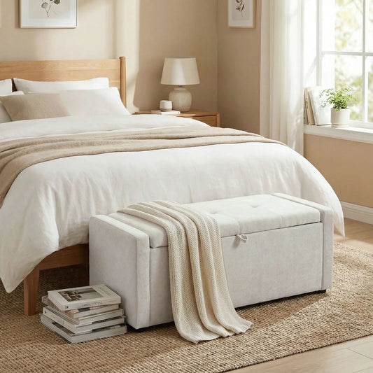 Storage Ottoman Bench, Linen Fabric, Wide Padded Seat, Cream White Storage Ottomans & Benches Cream at Gallery Canada