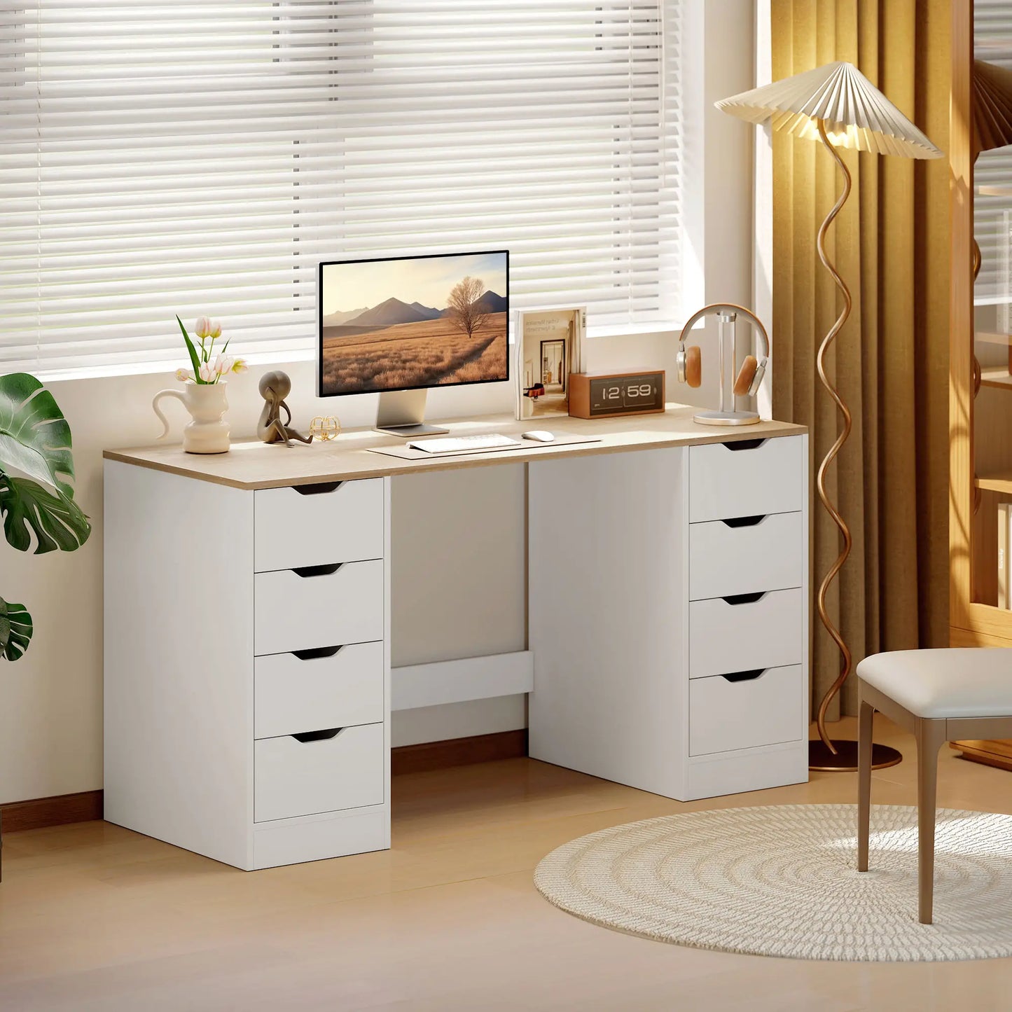 Desk With 8 Drawers, 55.1"W, White, Modern Computer Desk, White