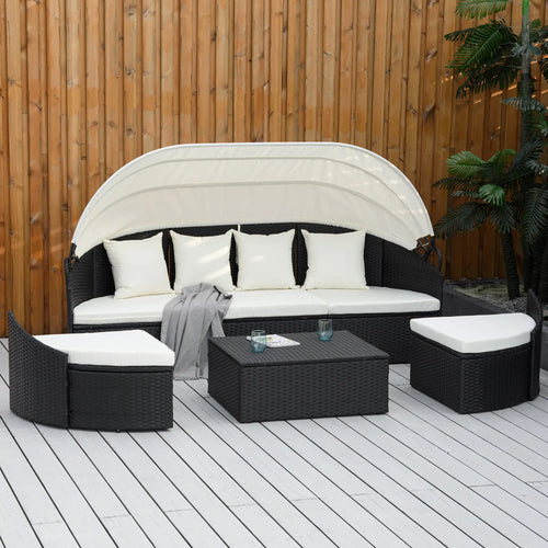 4-Piece PE Wicker Round Daybed, Outdoor Rattan Lounge Set, Cream
