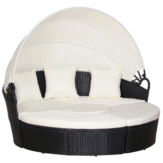 Outdoor Daybed with Canopy, PE Rattan Wicker Round Sofa, Patio Set with Cushions, Cream White Daybeds Black Rattan, Cream White Cushion at Gallery Canada