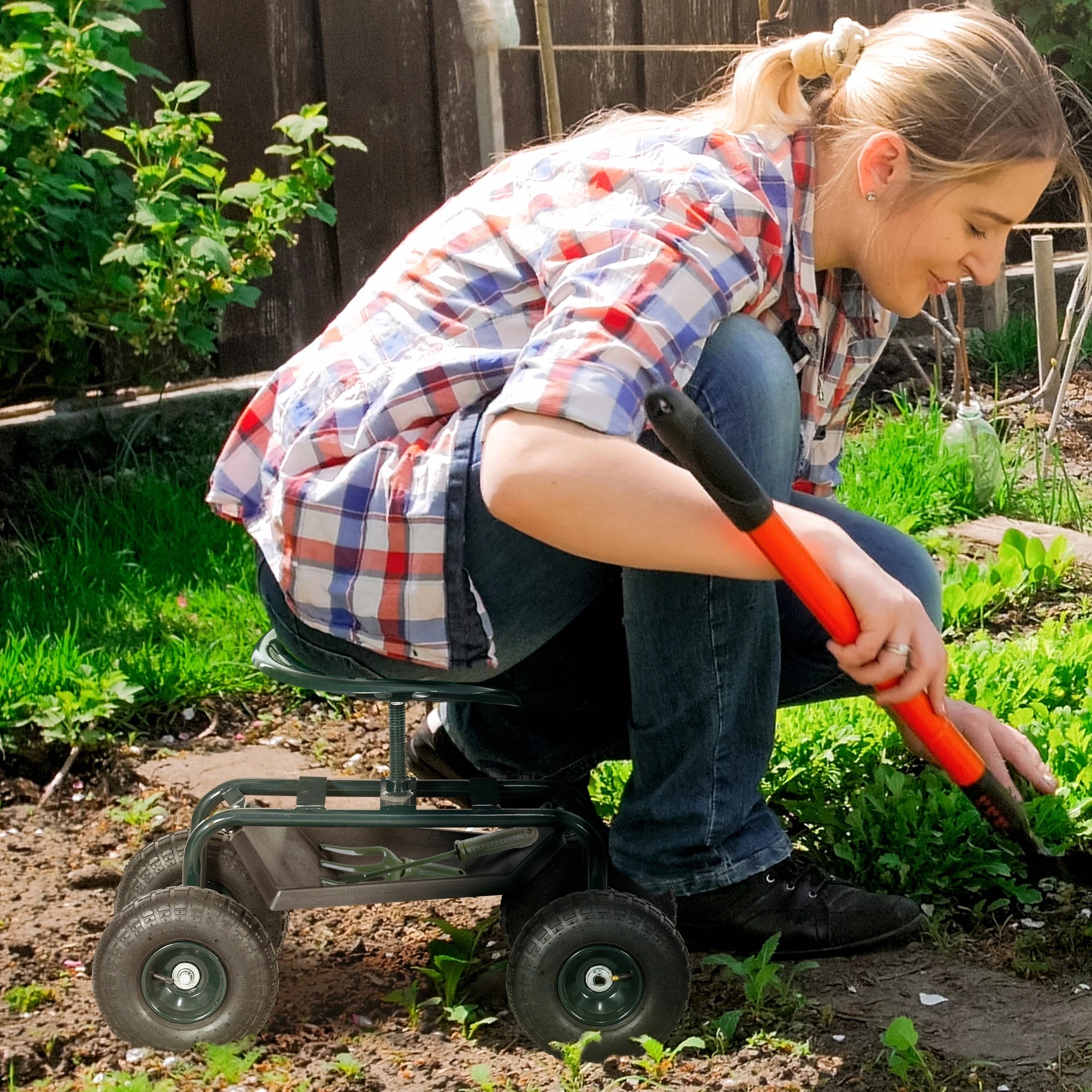 Garden Cart with 360° Swivel Seat, Tool Tray, Adjustable Height Garden Accessories at Gallery Canada