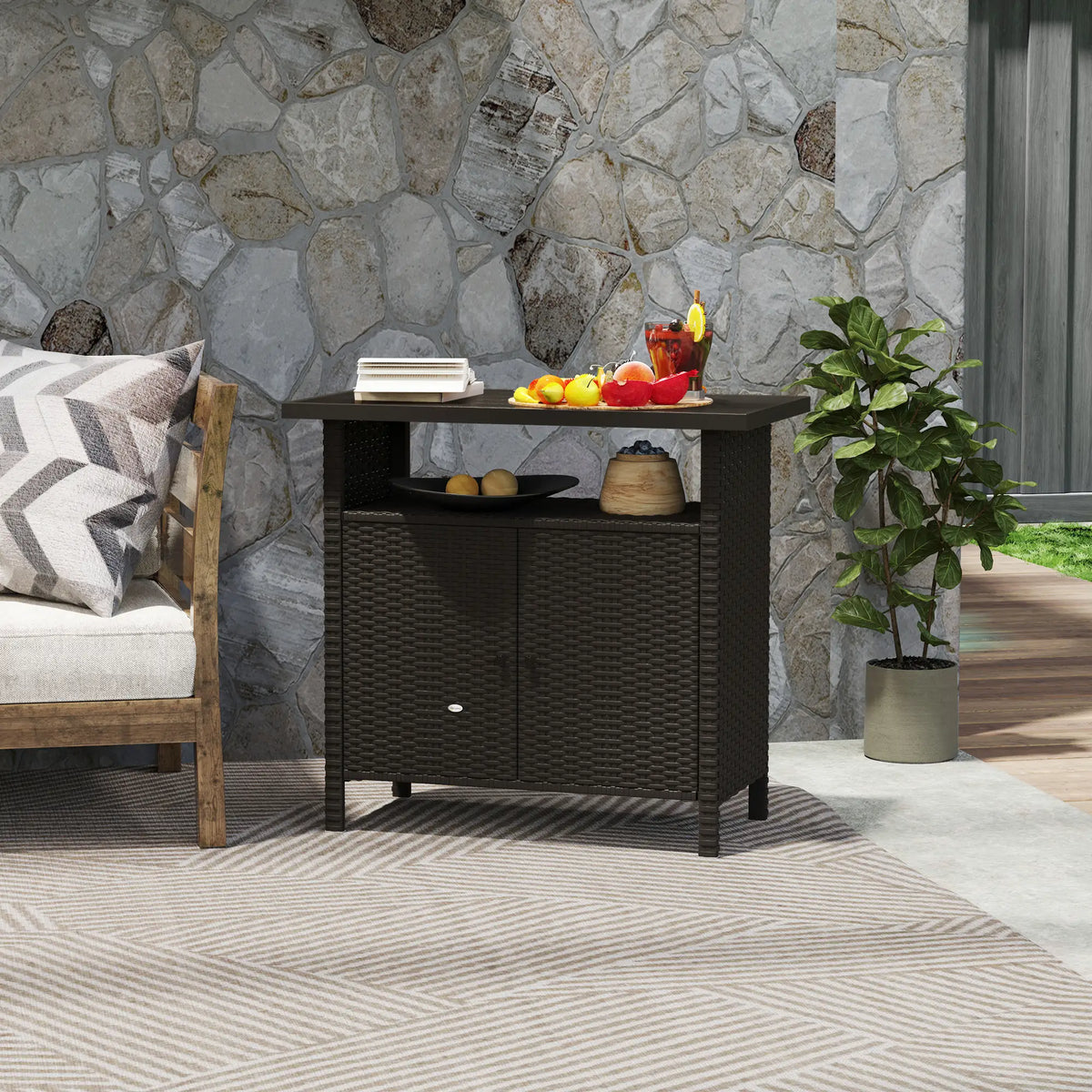 Wicker Outdoor Storage Cabinet, Two Doors With Shelf, Dark Coffee Patio Storage Boxes at Gallery Canada
