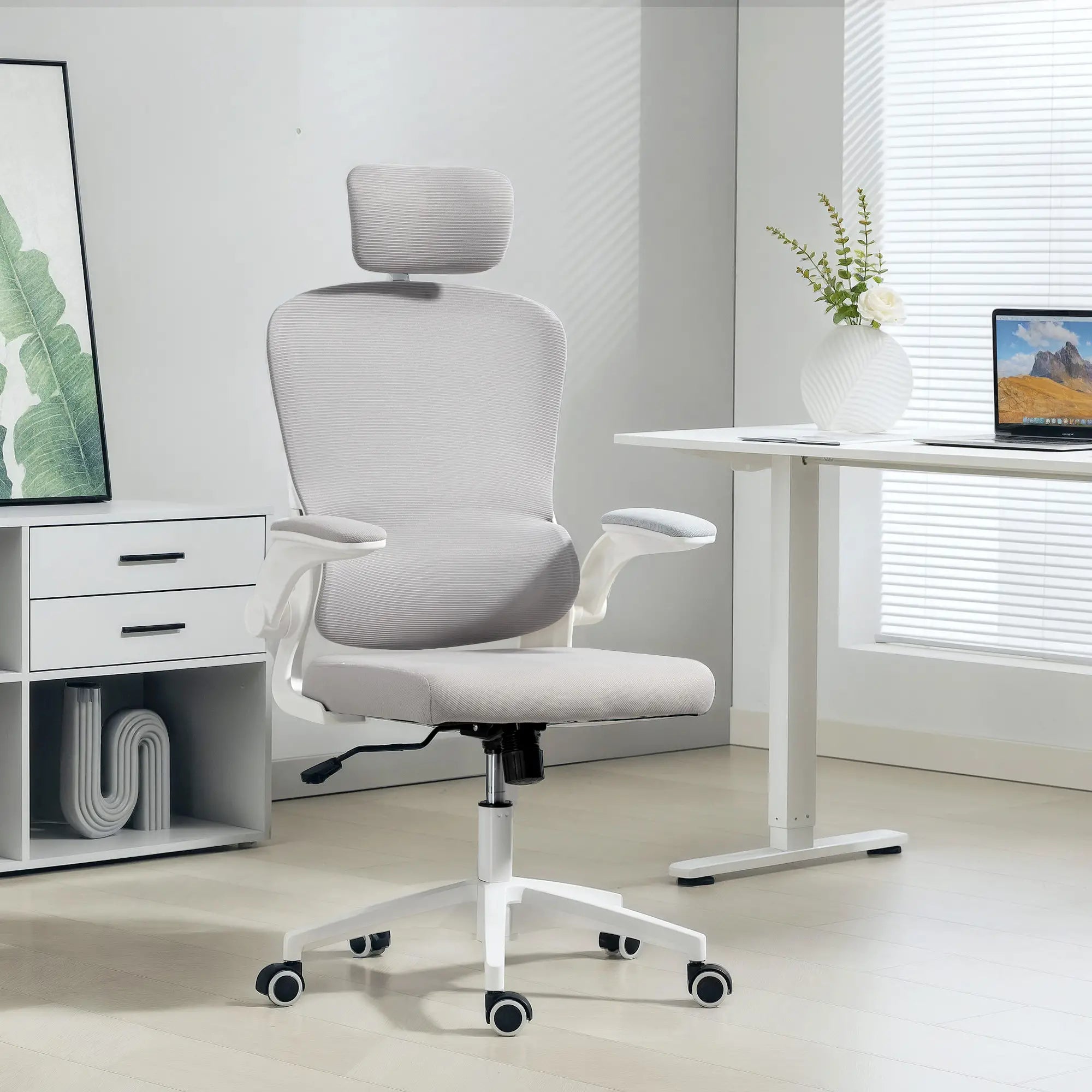 Ergonomic Mesh Office Chair, High Back, Rotatable Headrest, Flip-Up Armrests, Lumbar Support, Grey Task Chairs at Gallery Canada
