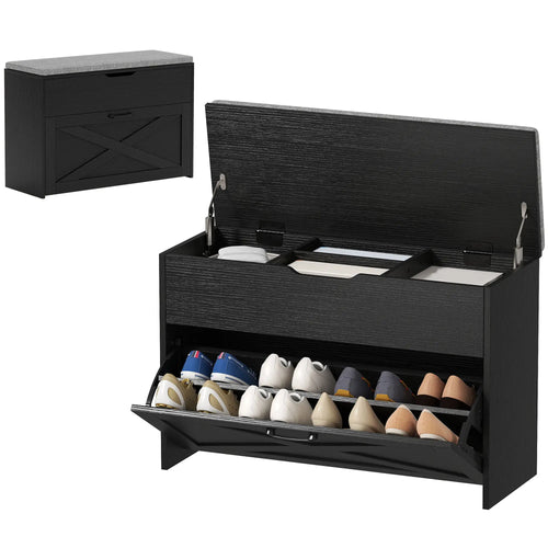 Shoe Storage Bench with Flip Drawer, Lift Top, Seat Cushion, Black