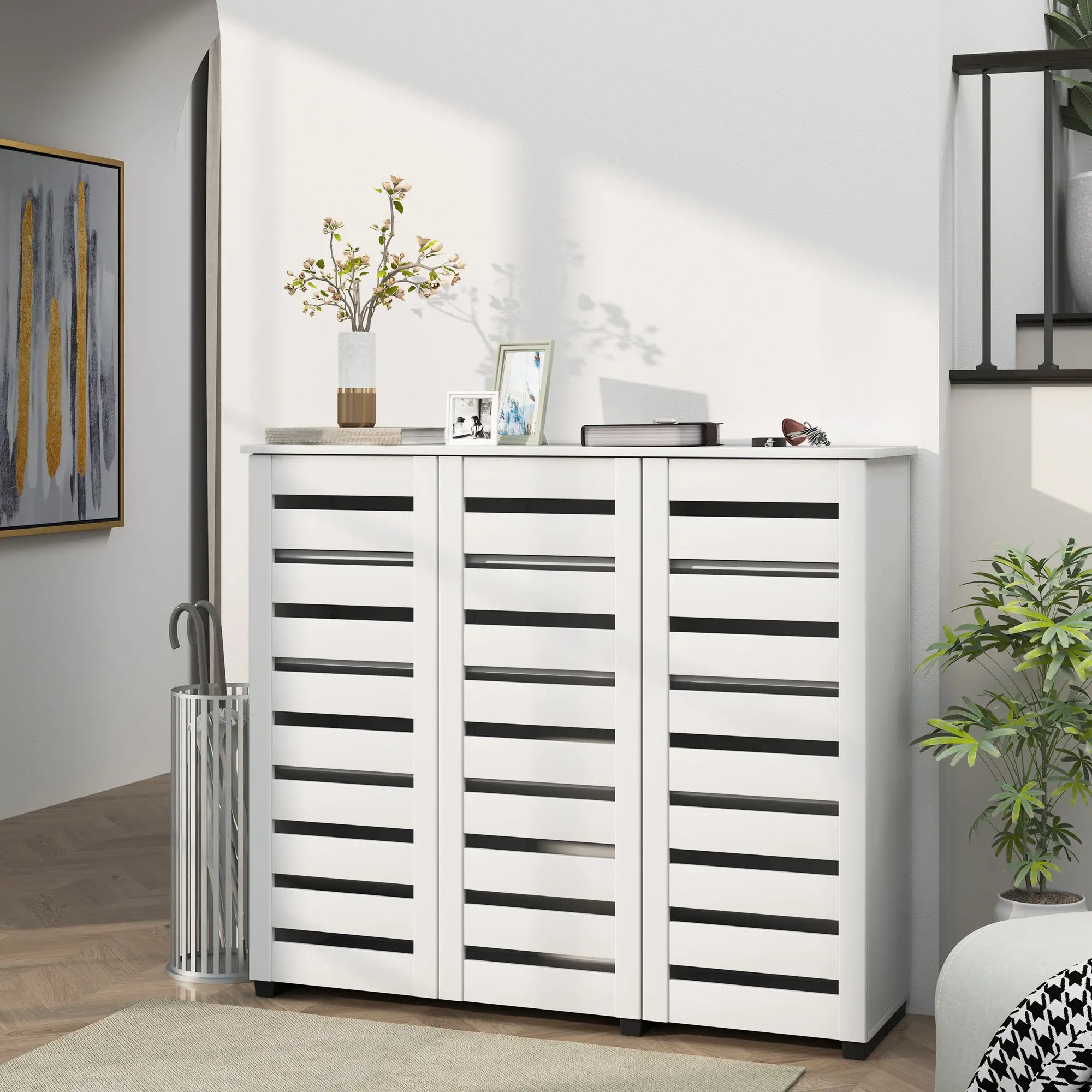 Narrow Shoe Cabinet, Slatted Doors, Adjustable Shelves, 20 Pairs, White Shoe Storage Cabinets & Racks at Gallery Canada