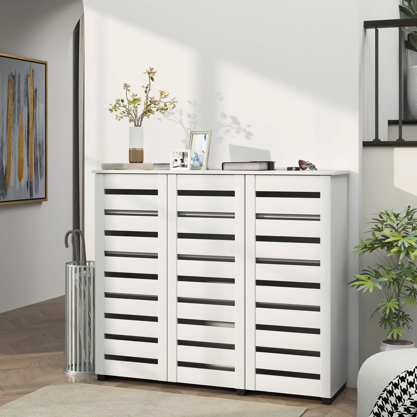 Narrow Shoe Cabinet, Slatted Doors, Adjustable Shelves, 20 Pairs, White Shoe Storage Cabinets & Racks at Gallery Canada