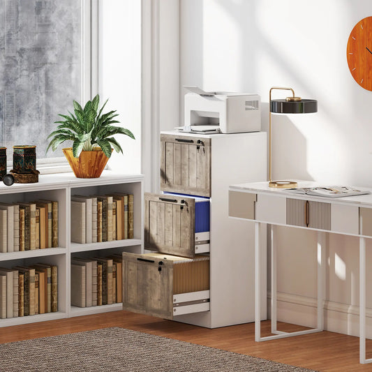 3 Drawer Filing Cabinet, Farmhouse Style, Adjustable Hanging Rails, A4 Letter Size, White Office Cabinets & Cupboards White, Brown Wood Grain at Gallery Canada