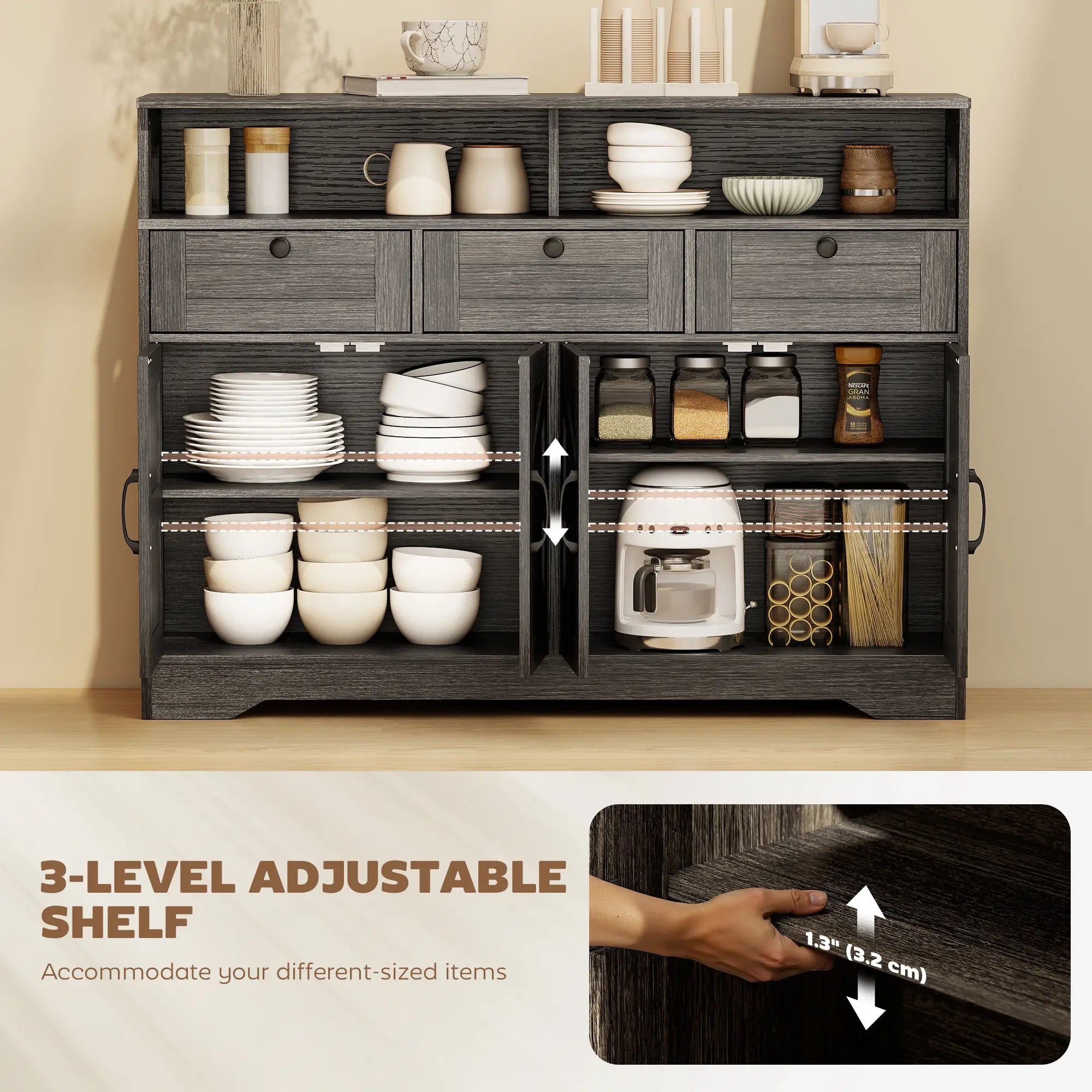 Sideboard Buffet Cabinet, 4 Barn Doors 3 Drawers, Coffee Bar, Adjustable Shelves, Dark Brown Bar Cabinets at Gallery Canada