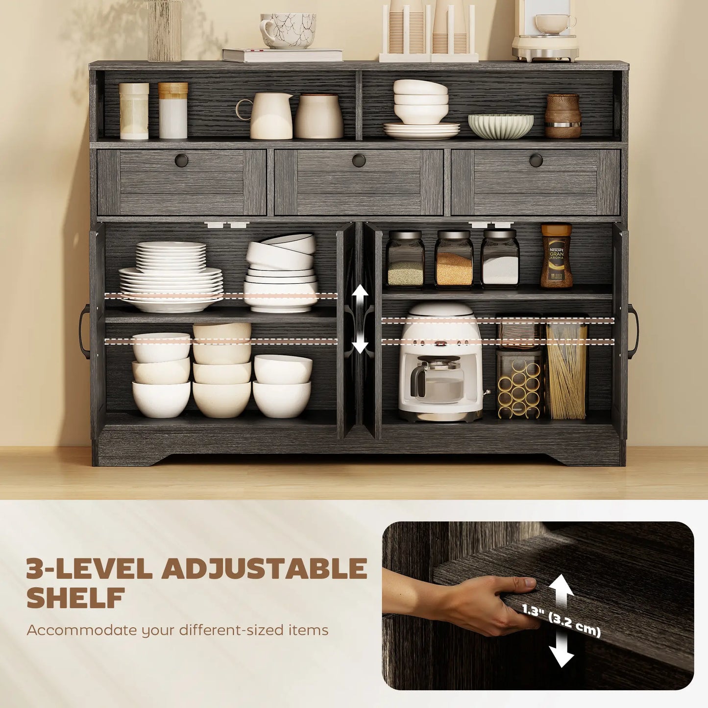 Sideboard Buffet Cabinet, 4 Barn Doors 3 Drawers, Coffee Bar, Adjustable Shelves, Dark Brown Bar Cabinets at Gallery Canada