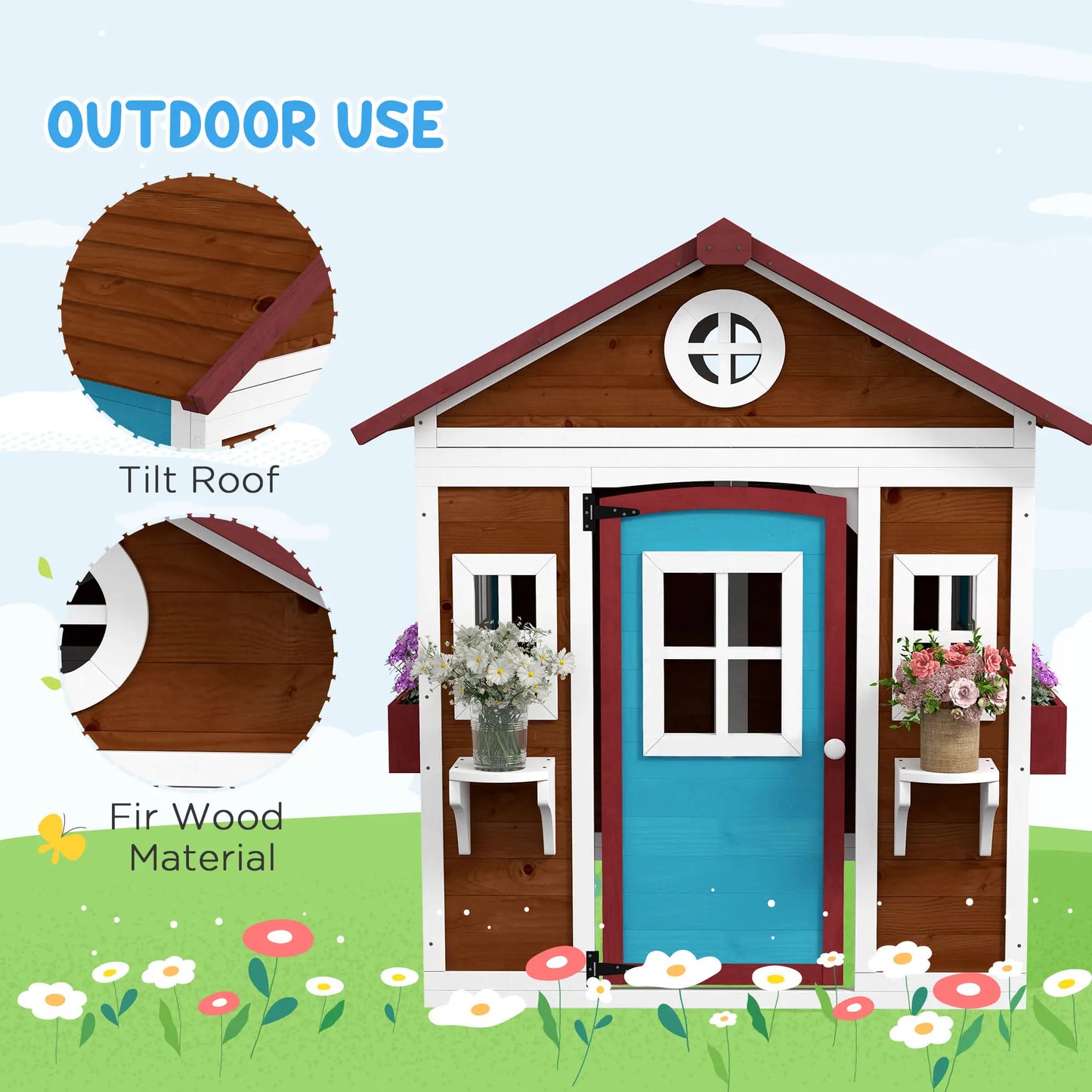 Wooden Playhouse for Kids Outdoor with Door, Windows, Planter Pots and Boxes for Toddlers 3-8 Years, Beige Play Houses at Gallery Canada