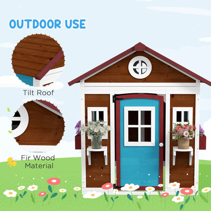 Wooden Playhouse for Kids Outdoor with Door, Windows, Planter Pots and Boxes for Toddlers 3-8 Years, Beige Play Houses at Gallery Canada