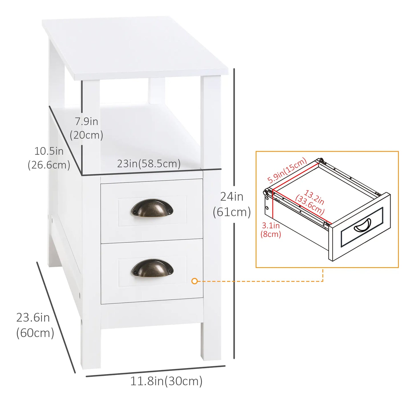 Slim End Table with 2 Drawers, Storage Shelf, White Side Tables at Gallery Canada