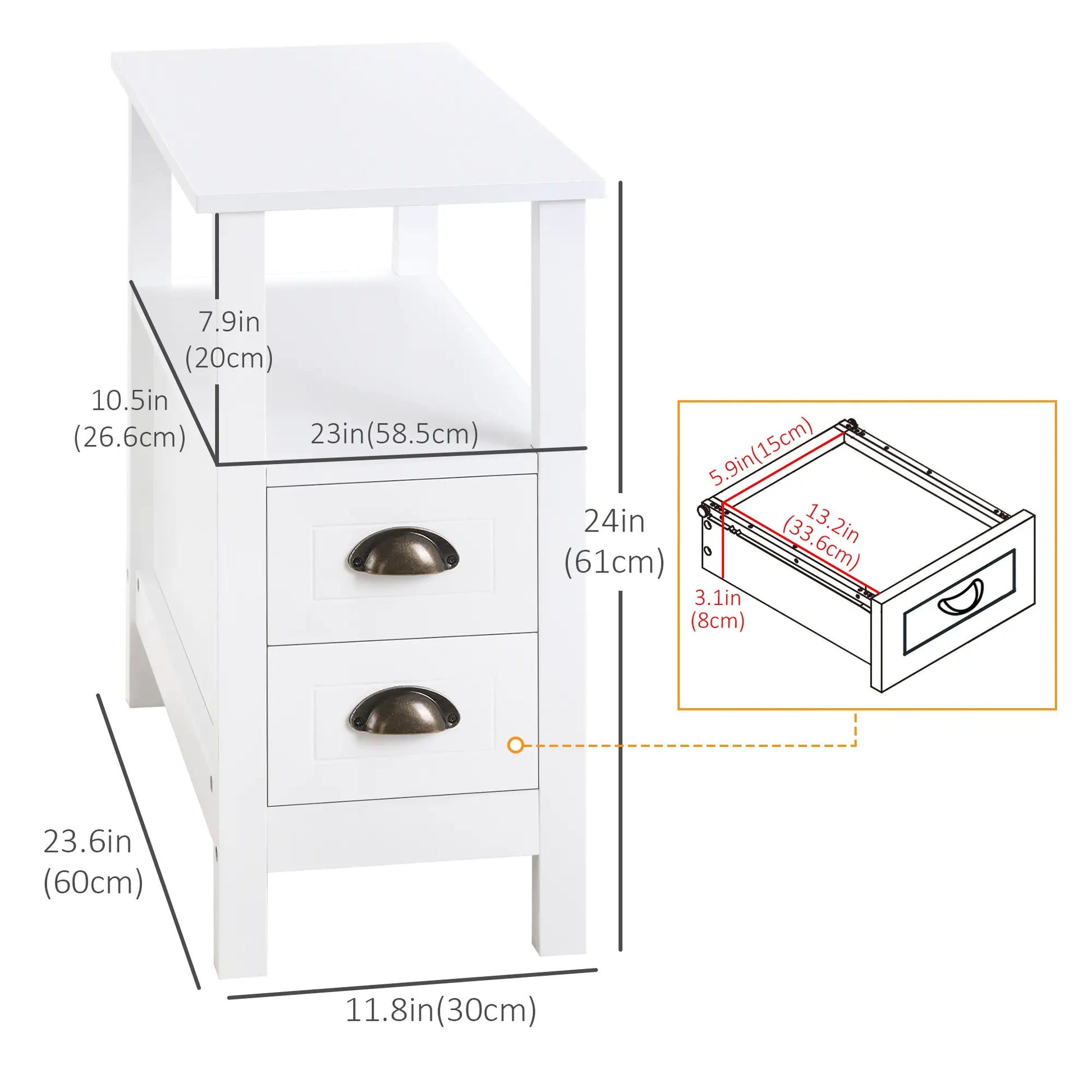 Slim End Table with 2 Drawers, Storage Shelf, White Side Tables at Gallery Canada