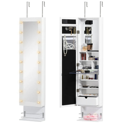 Mirror Jewelry Cabinet, LED Lights, Wall Mount, 3 Heights, Drawer, Shelf, White Jewelry Armoire & Jewellery Mirror Cabinets White at Gallery Canada