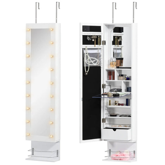 Mirror Jewelry Cabinet, LED Lights, Wall Mount, 3 Heights, Drawer, Shelf, White Jewelry Armoire & Jewellery Mirror Cabinets White at Gallery Canada