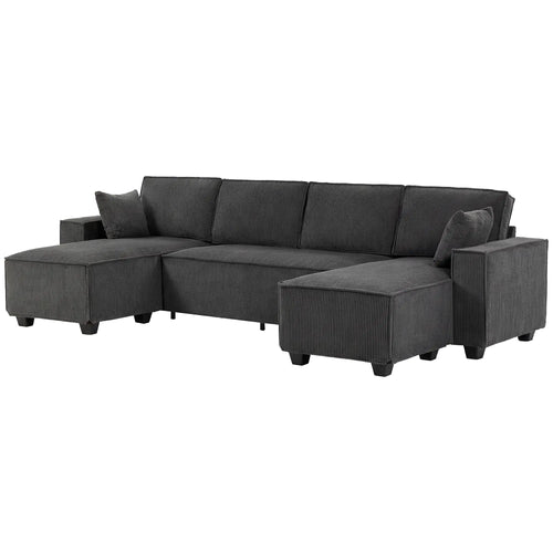 Modular U Shaped Sectional Sofa, Double Chaises, Spring Cushions, Dark Grey