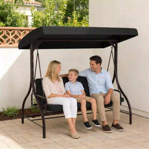 Convertible Patio Swing Bed With Canopy, Cushions, 3 Seater, Black
