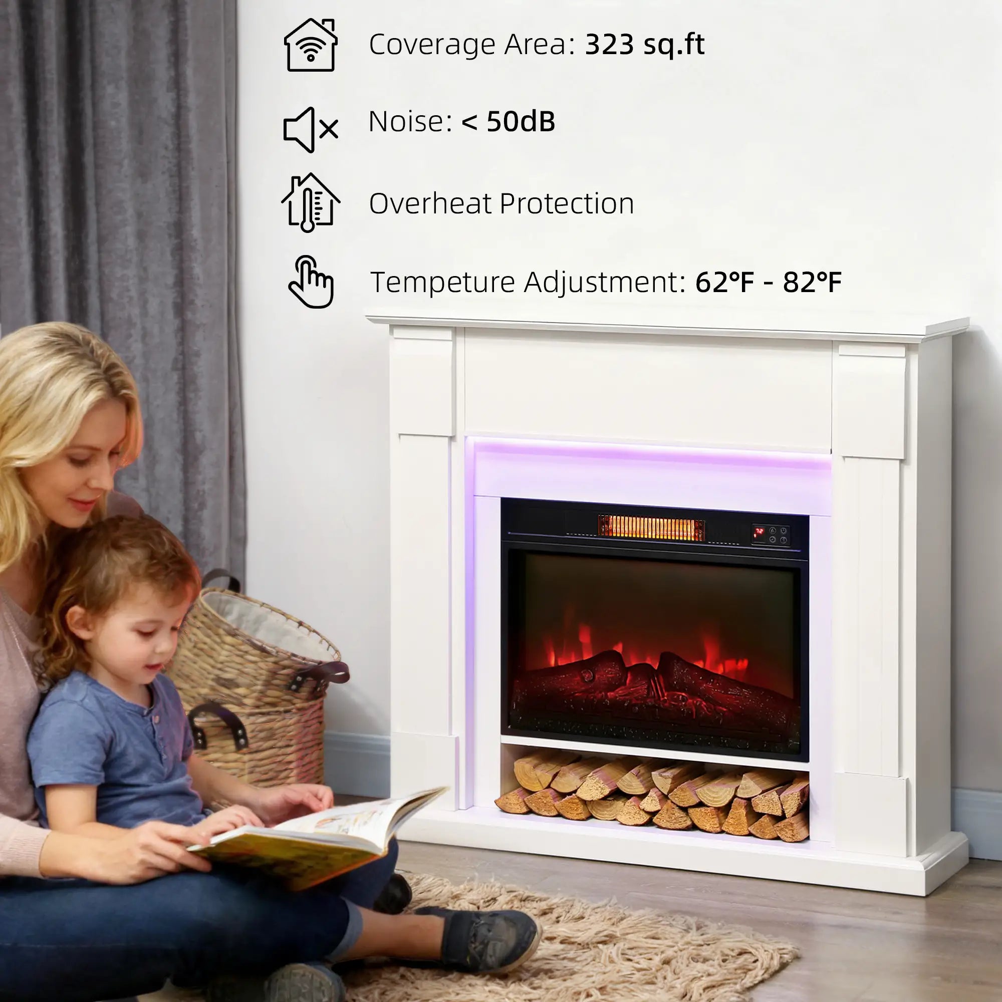 41 Inch Electric Fireplace with Mantel, 1400W Heater, Adjustable 3D Flame, White Electric Fireplaces at Gallery Canada