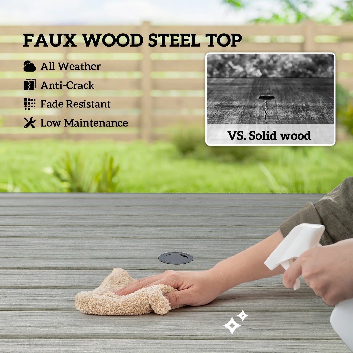 Square Patio Table With Umbrella Hole, Shelf, Slatted Faux Wood Steel Top, Grey