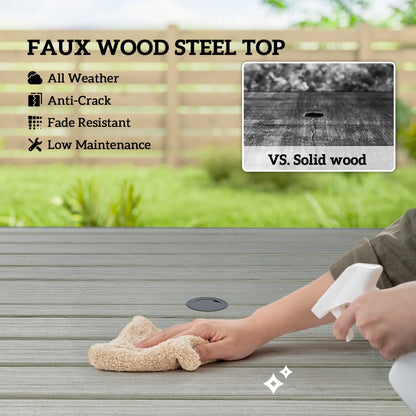 Square Patio Table With Umbrella Hole, Shelf, Slatted Faux Wood Steel Top, Grey