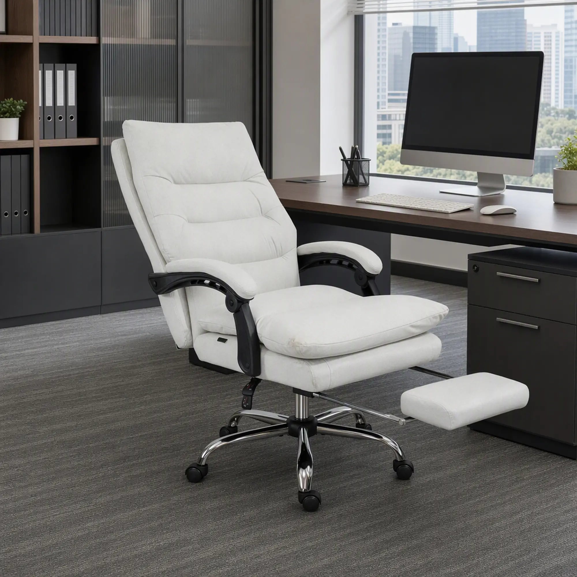 Executive Office Chair with Massage and Heat, Reclining Computer Chair with Footrest, Cream White Massage Chairs at Gallery Canada