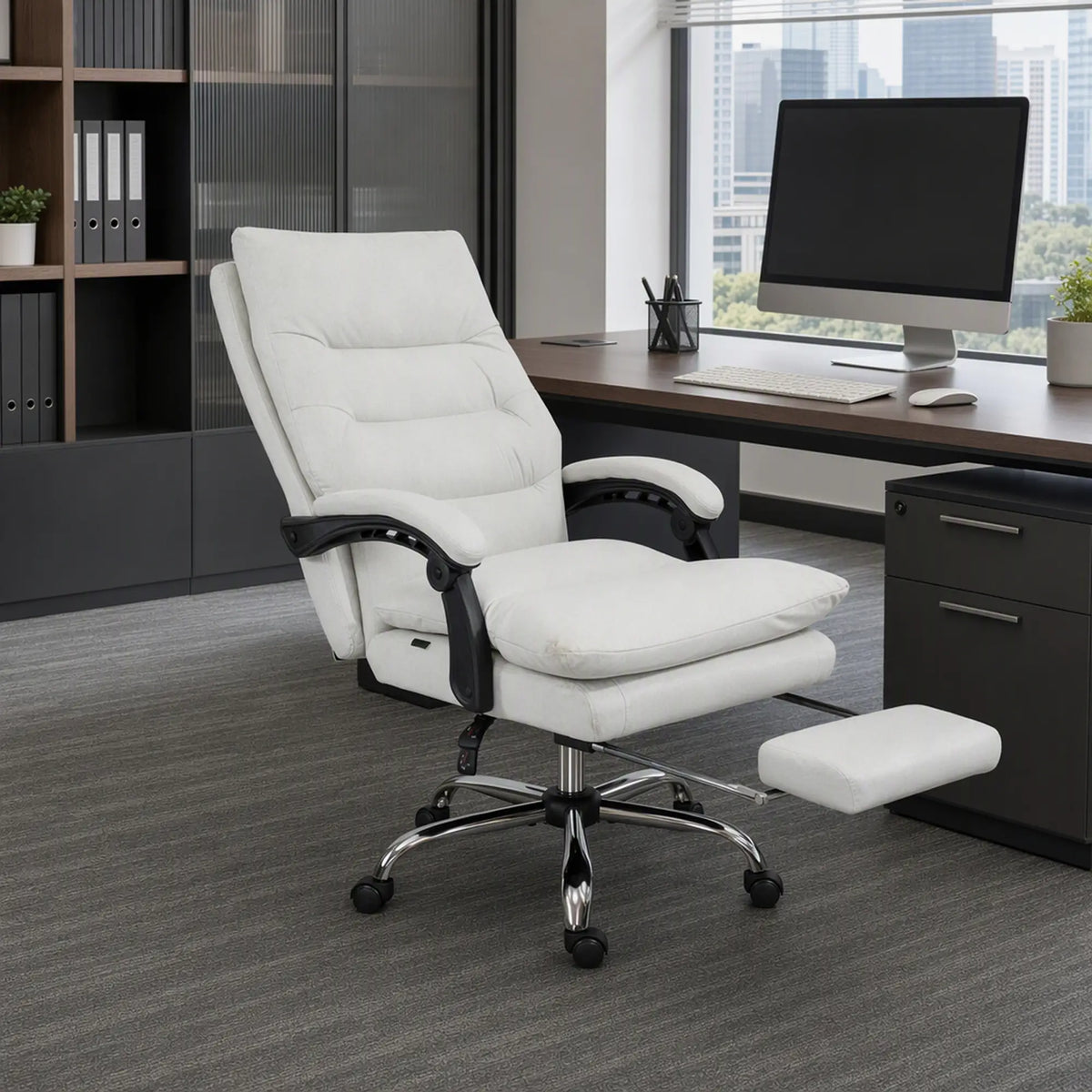 Executive Office Chair with Massage and Heat, Reclining Computer Chair with Footrest, Cream White Massage Chairs at Gallery Canada
