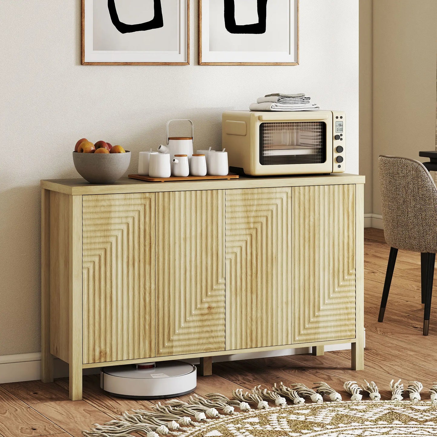 47 Inch Buffet Cabinet, Fluted Sideboard, Push Open, 2 Shelves, 4 Doors, Natural Bar Cabinets at Gallery Canada