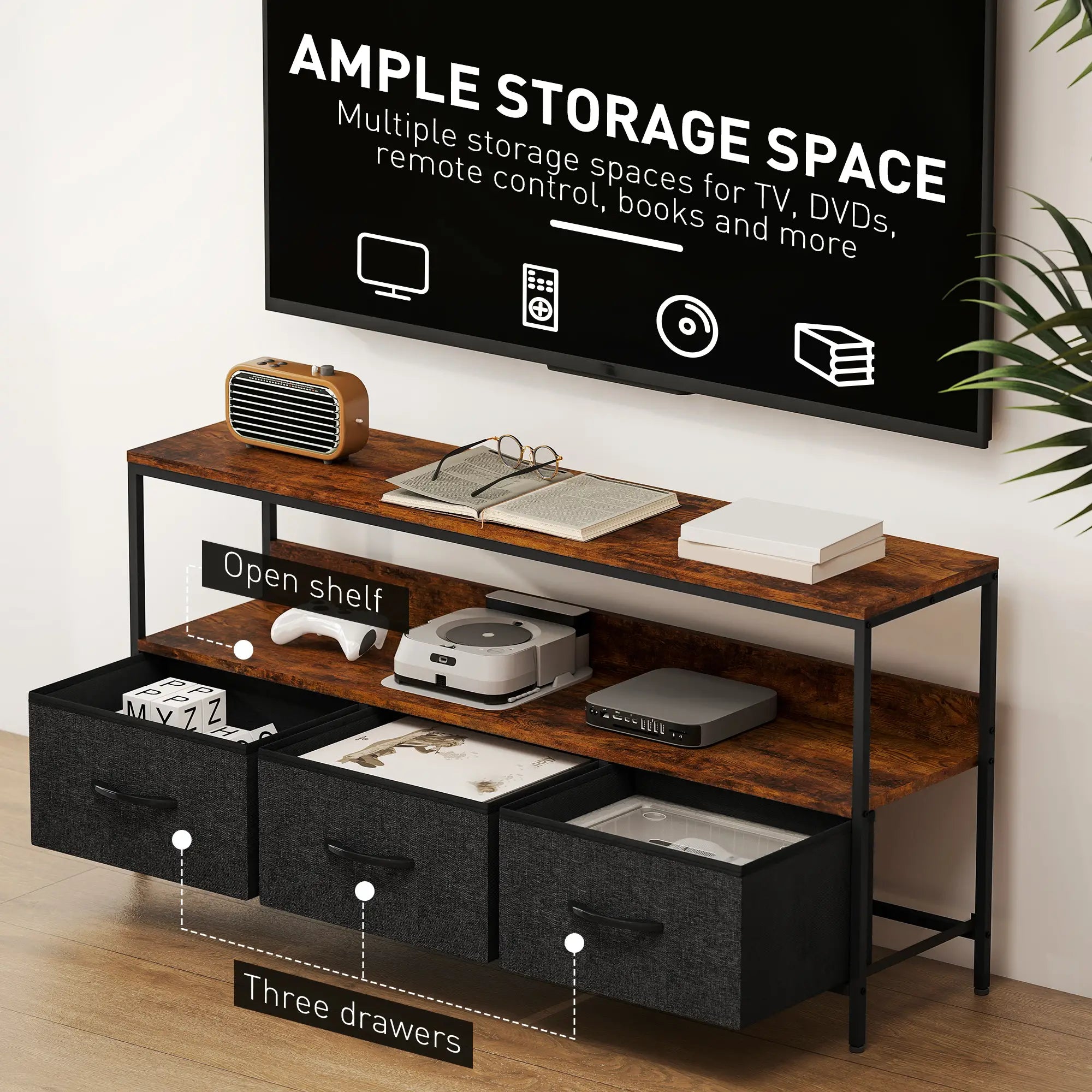 TV Stand with Charging Station, 3 Foldable Drawers, 55 Inch, Rustic Brown TV Stands at Gallery Canada