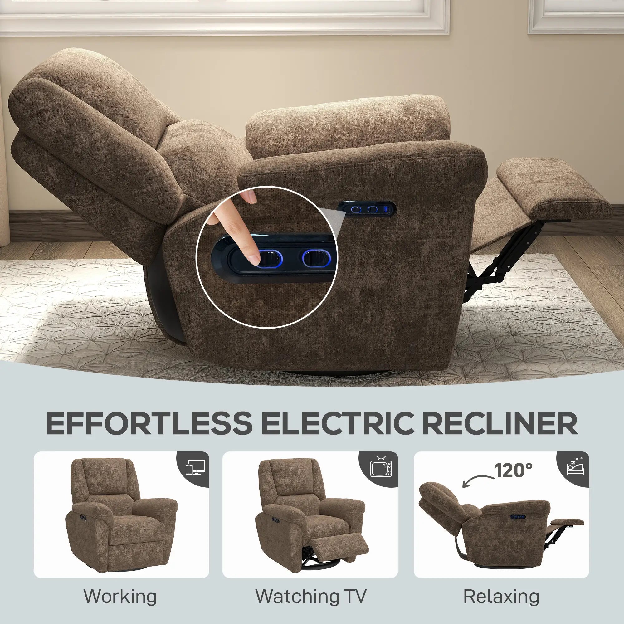 Fabric Recliner Chair, USB Ports, Swivel Rocking Footrest Sofas & Reclining Chairs at Gallery Canada