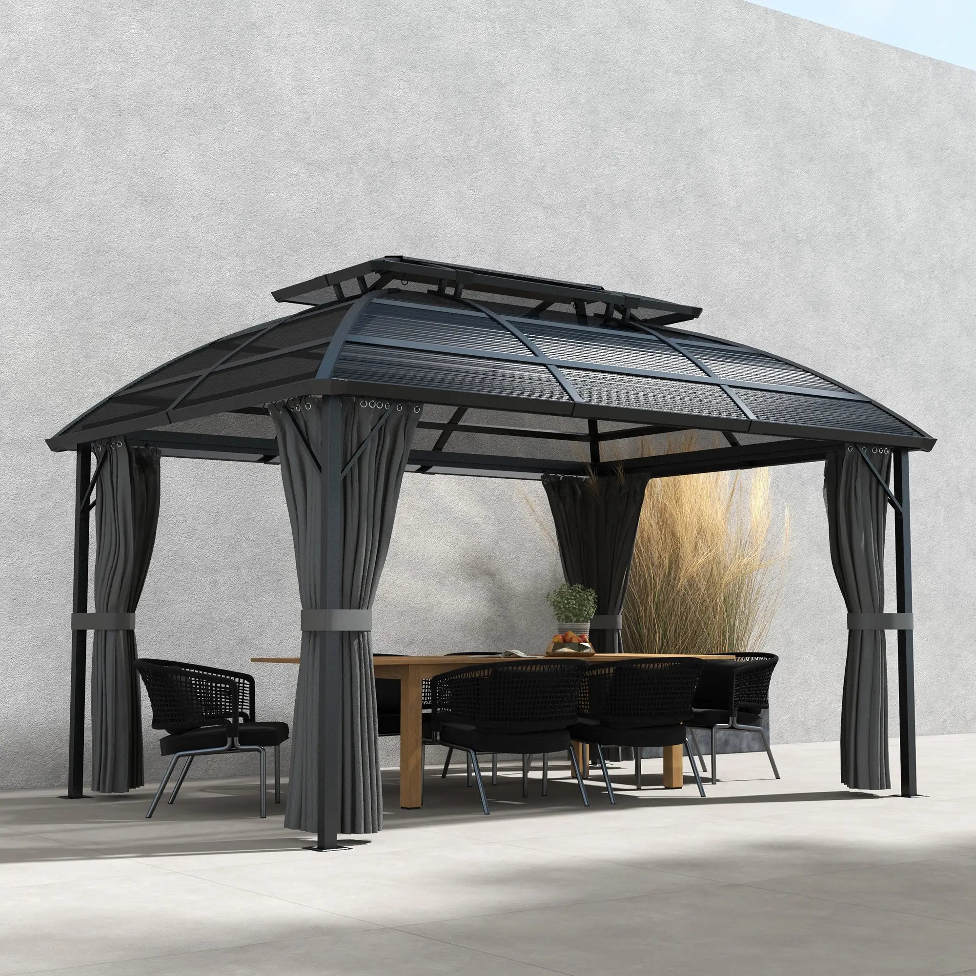 13' x 10' Patio Gazebo, Double Roof, With Curtains, Black Gazebos at Gallery Canada