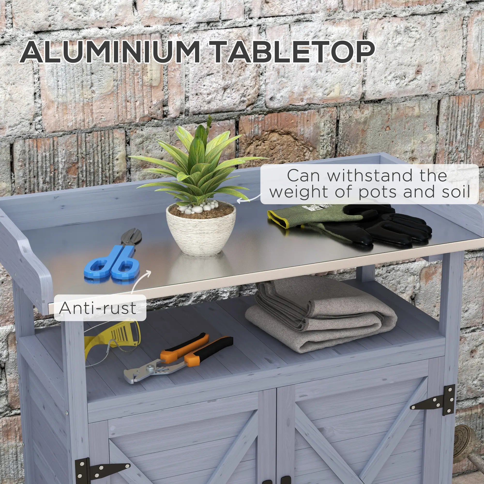 Outdoor Wooden Potting Bench, Storage Cabinet, Aluminum Tabletop, Grey Potting Benches & Tables at Gallery Canada