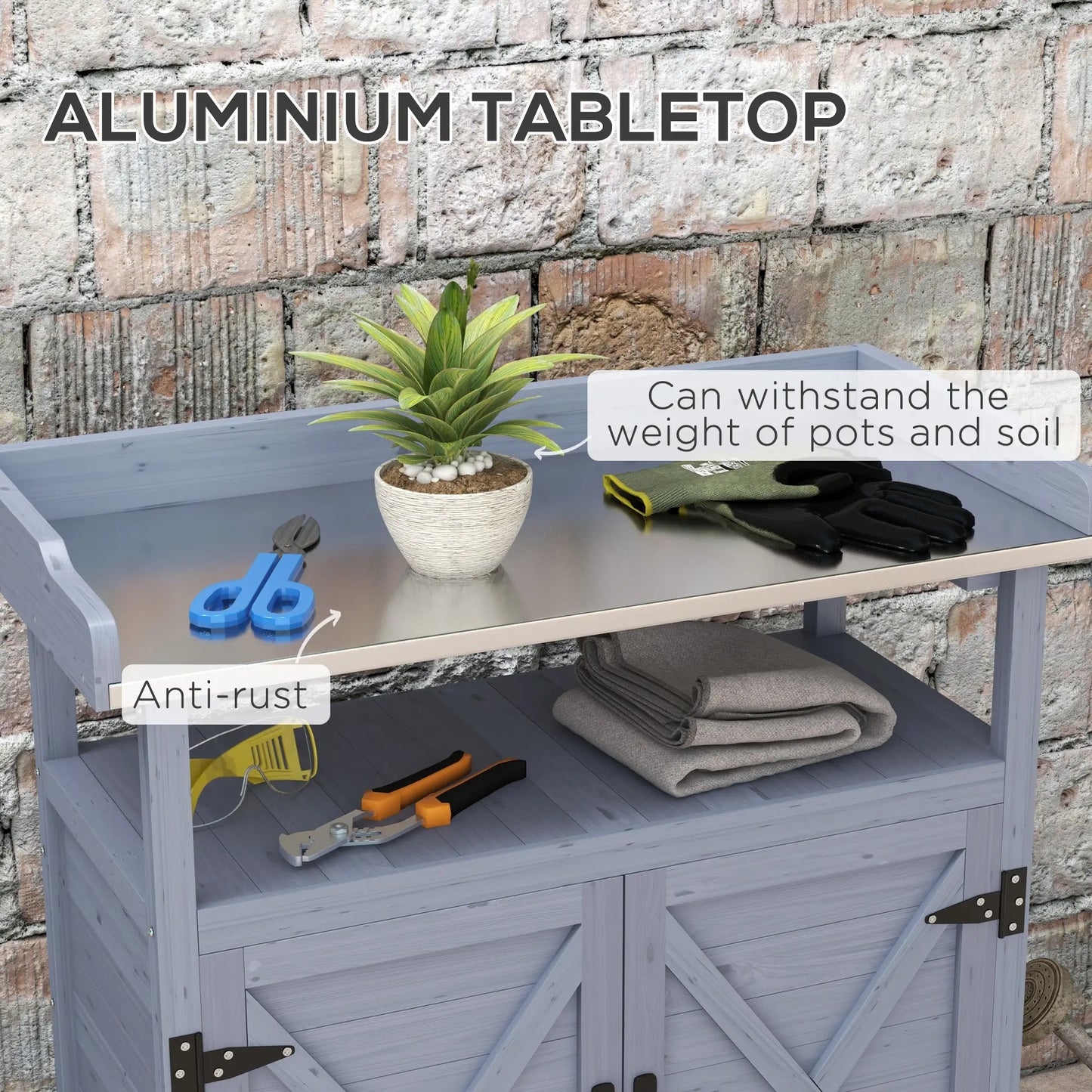 Outdoor Wooden Potting Bench, Storage Cabinet, Aluminum Tabletop, Grey Potting Benches & Tables at Gallery Canada