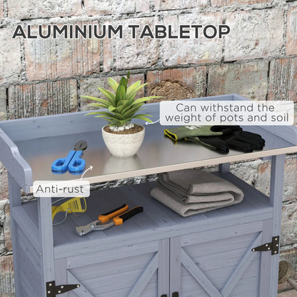 Outdoor Wooden Potting Bench, Storage Cabinet, Aluminum Tabletop, Grey Potting Benches & Tables at Gallery Canada