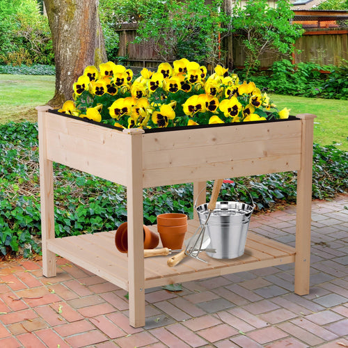 35.75'' x 35.75'' Raised Garden Bed with Liner and Drainage Holes, Outdoor Wooden Elevated Planter Box with Legs and Storage Shelf, Garden Plant Stand Box