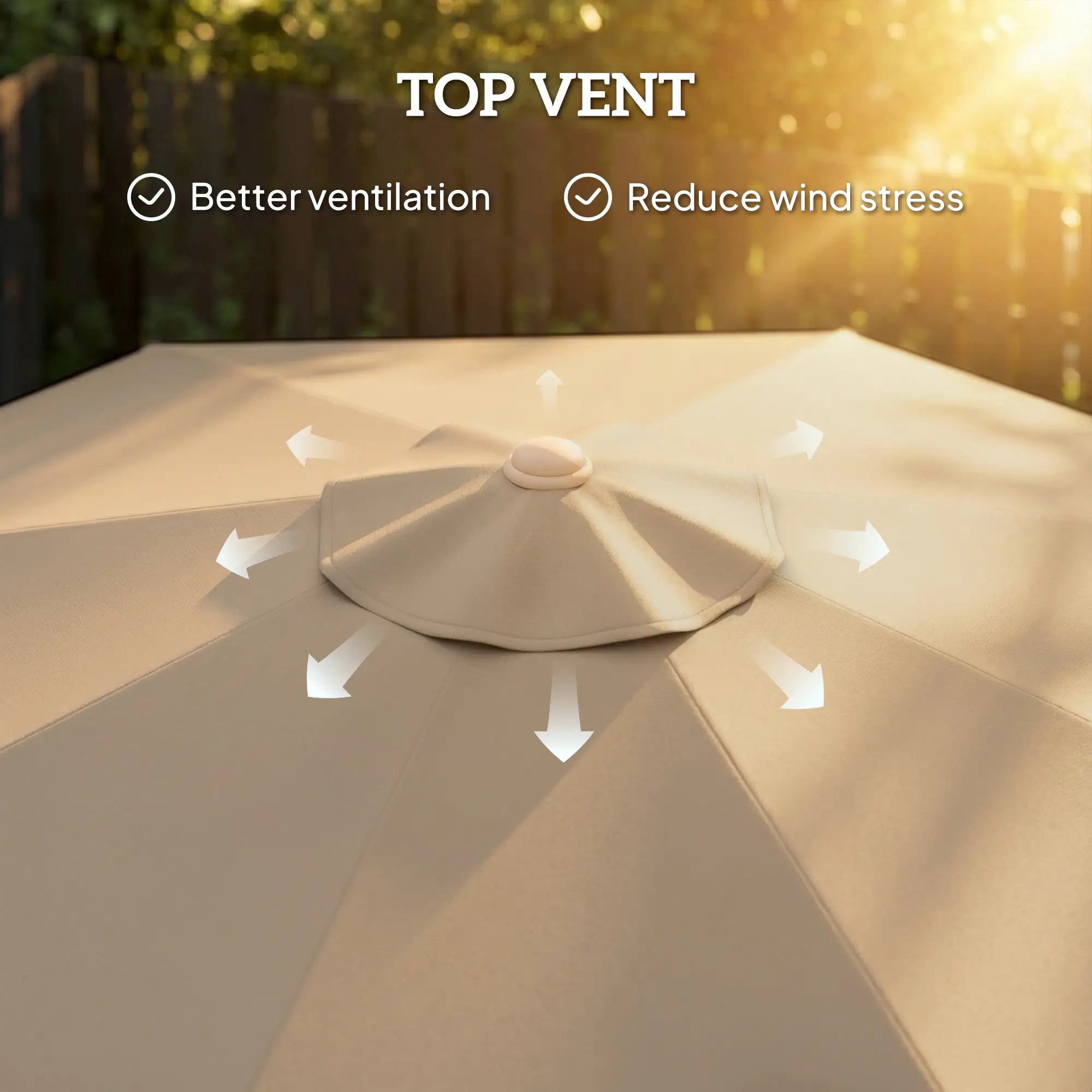 9 ft Patio Umbrella, Push Button Tilt Crank, Fringed Outdoor Market Table, Khaki Sun Umbrellas at Gallery Canada