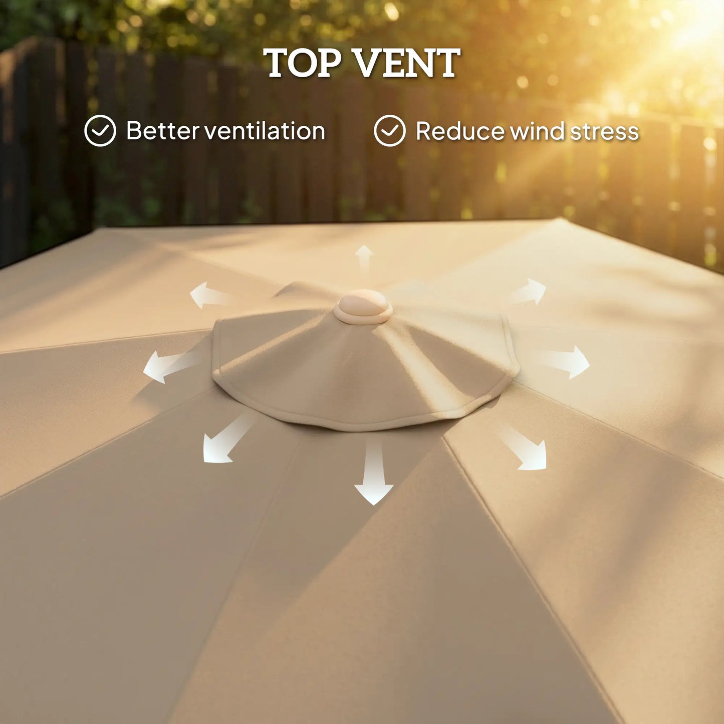 9 ft Patio Umbrella, Push Button Tilt Crank, Fringed Outdoor Market Table, Khaki Sun Umbrellas at Gallery Canada