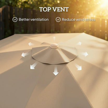 9 ft Patio Umbrella, Push Button Tilt Crank, Fringed Outdoor Market Table, Khaki Sun Umbrellas at Gallery Canada