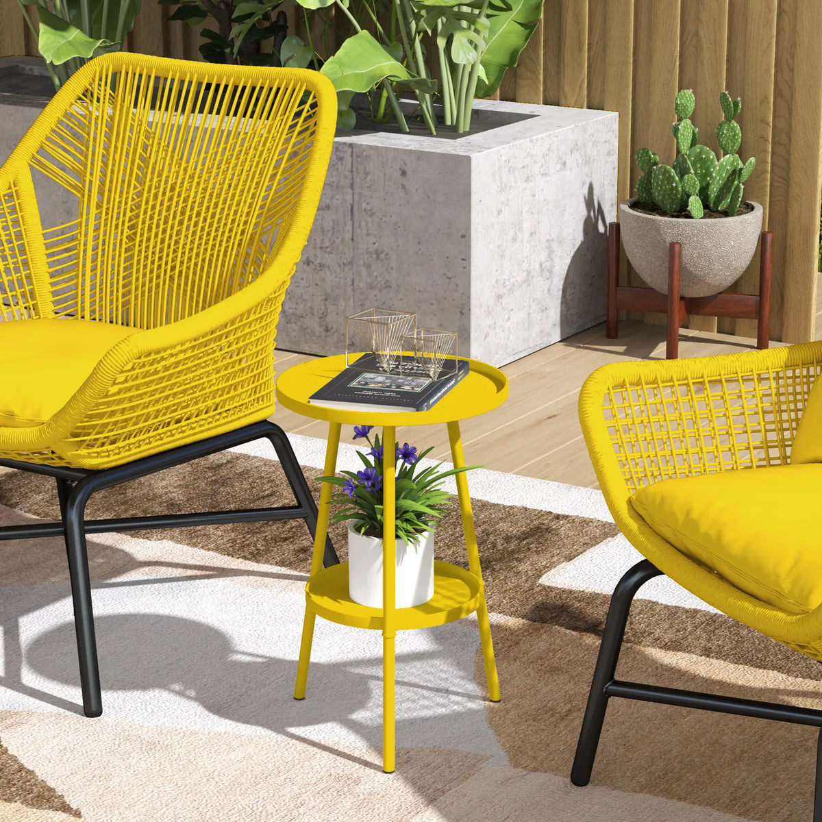 Round Garden Table, 2-Tier Small Side Table, Metal Patio Table, Yellow Patio Side Tables at Gallery Canada